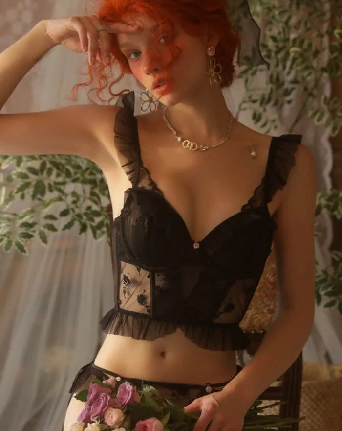Black See through Ruffle Bra and Panty set French inspired lingerie