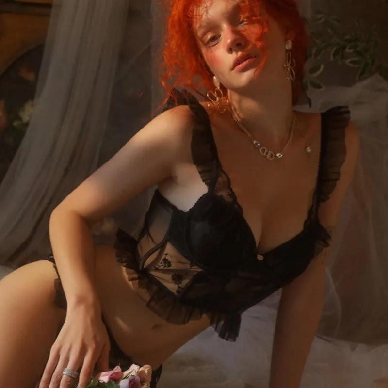 Black See through Ruffle Bra and Panty set French inspired lingerie