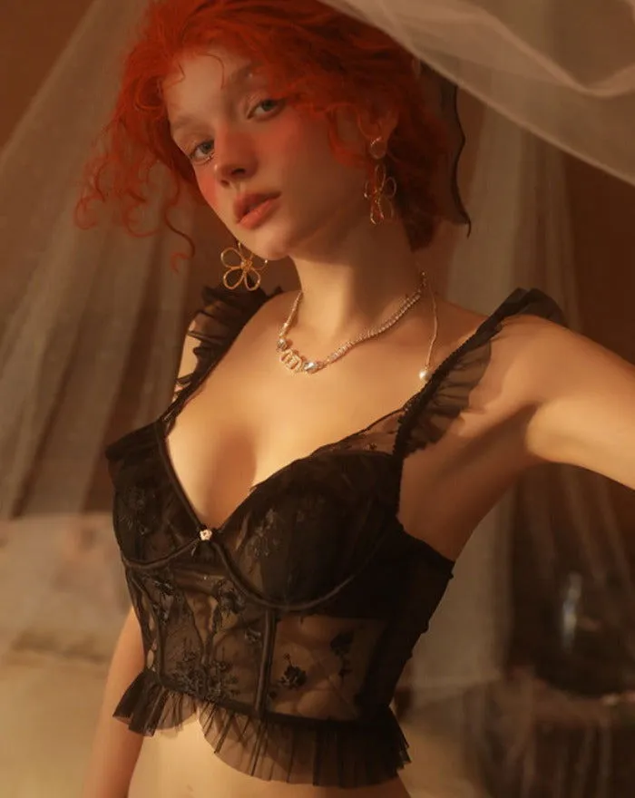 Black See through Ruffle Bra and Panty set French inspired lingerie