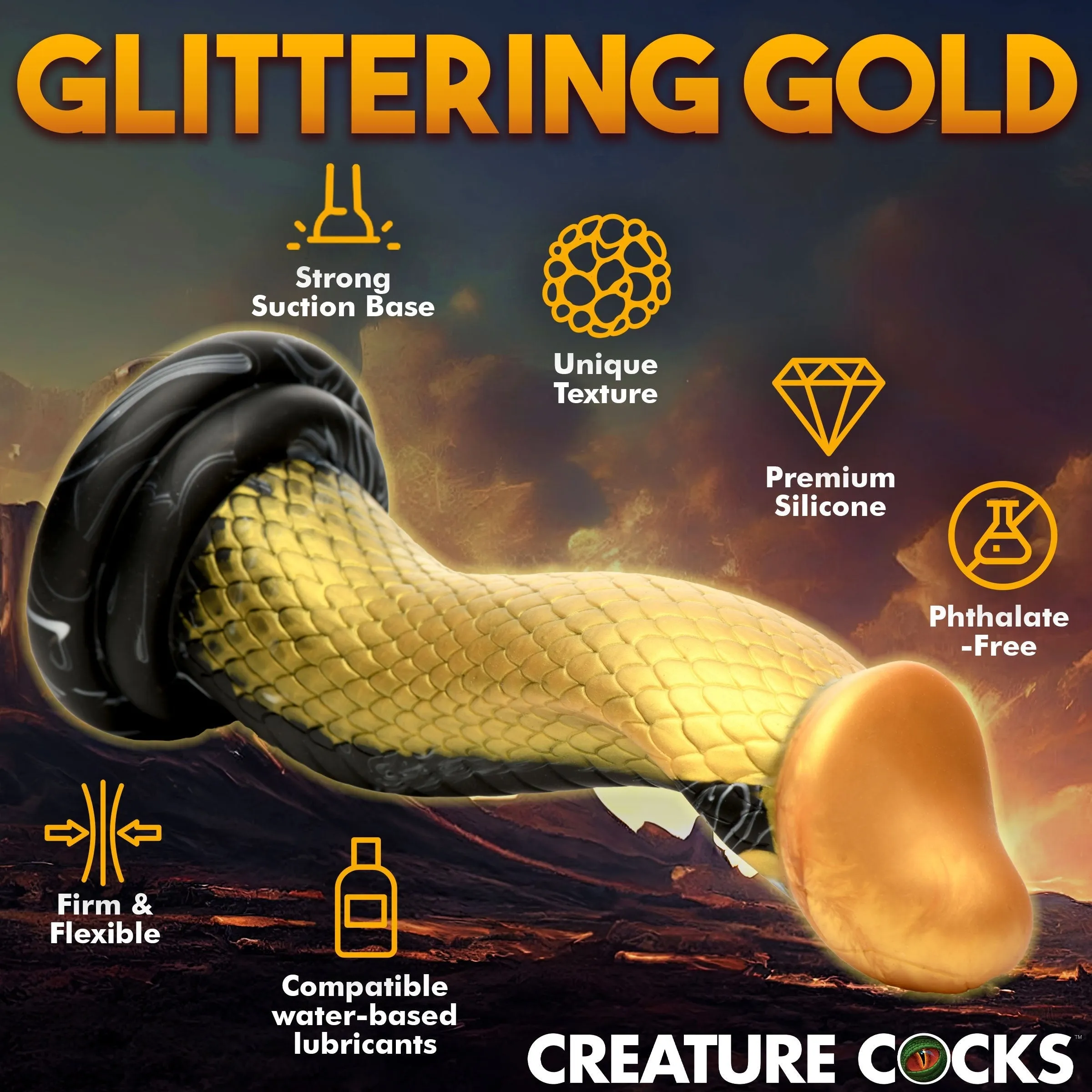 Creature Cocks Golden Snake Silicone Dildo Suction Cup Large Dong Sex Toy