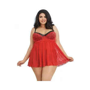 Dreamgirl Plus-size Stretch Mesh And Lace Babydoll With Underwire Push-up Cups. G-string. And Lace O