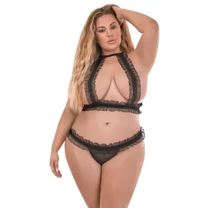 Magic Silk Ruffled Halter Bra & Split-Crotch Thong Black QUEEN