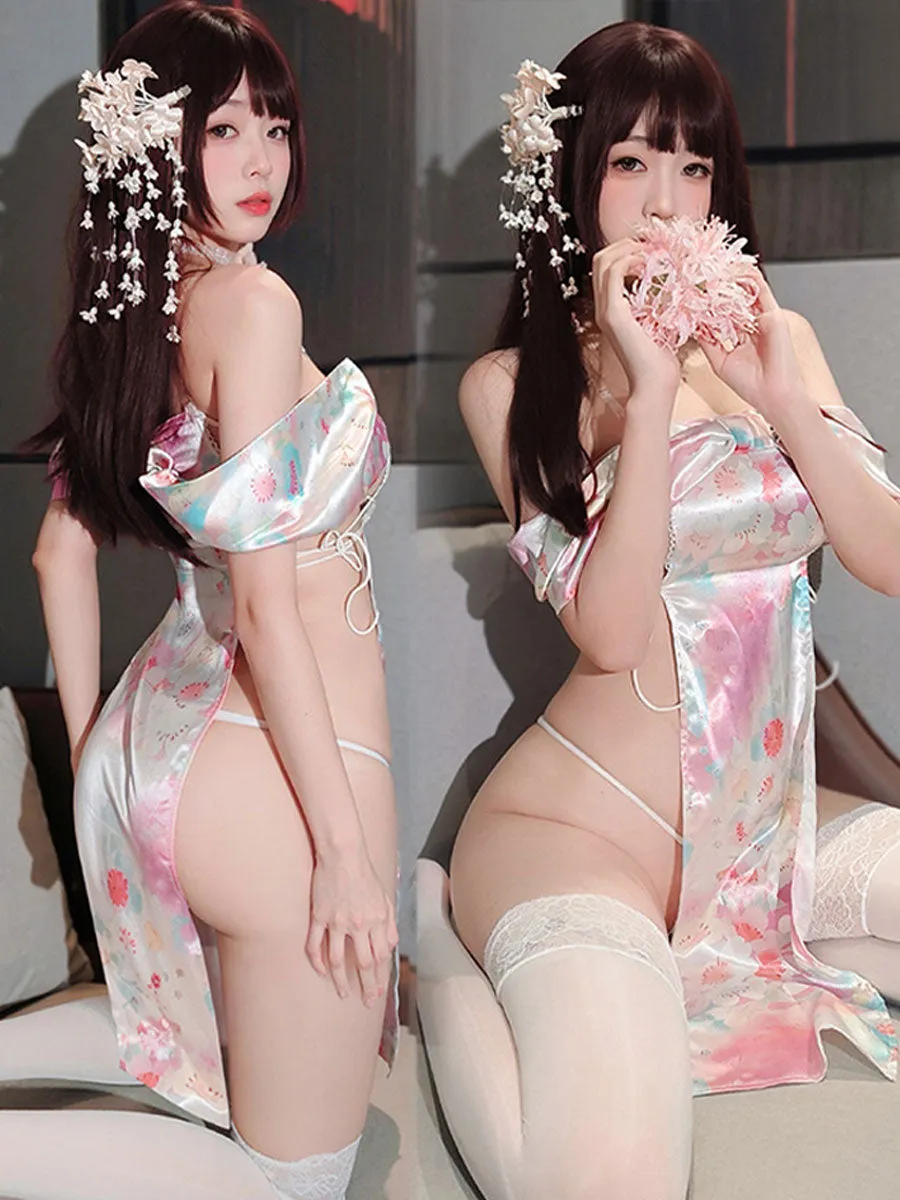Satin Floral Print Kimono Inspired Dress